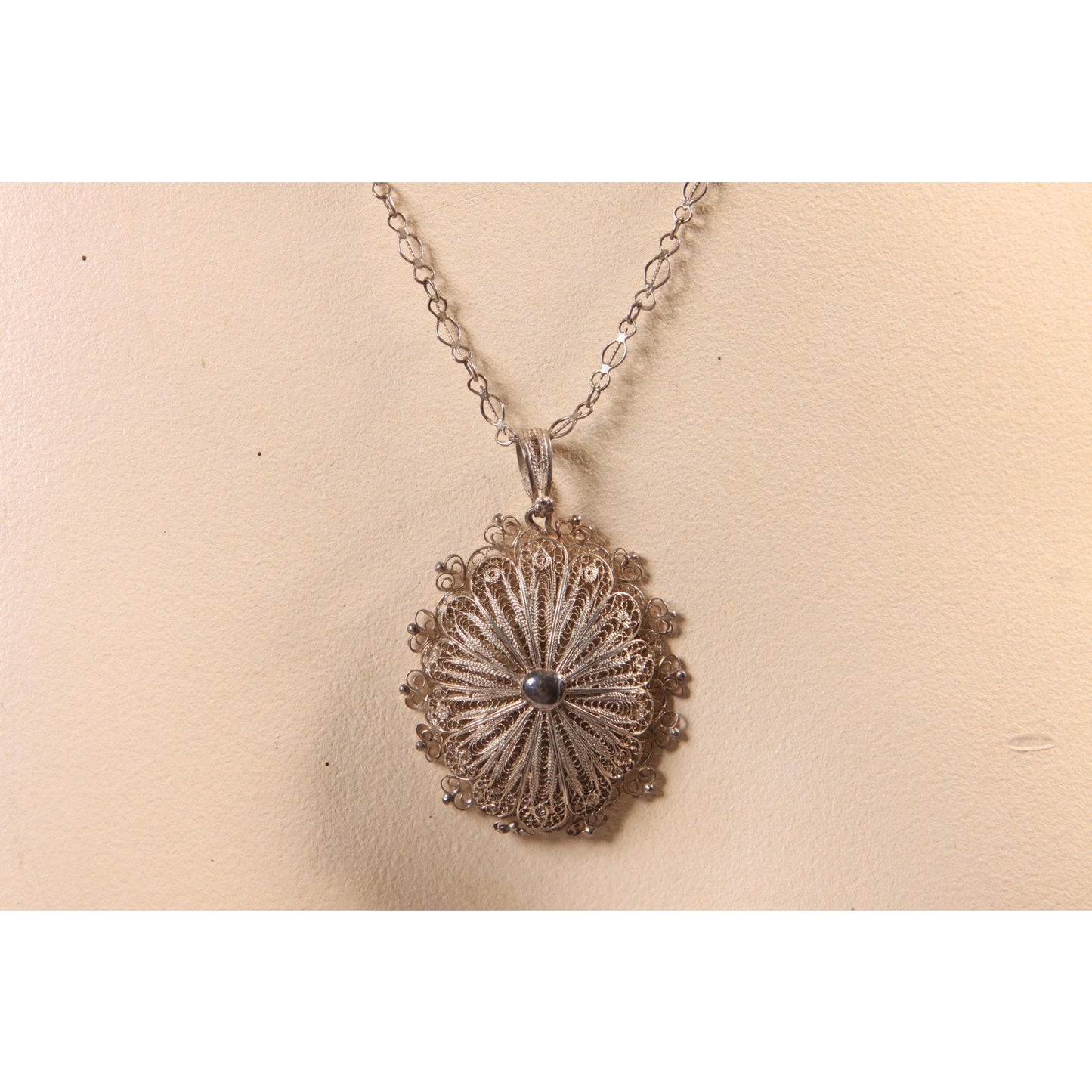 1950s Silver Tone Metal Filigree Indonesian Pendant Necklace