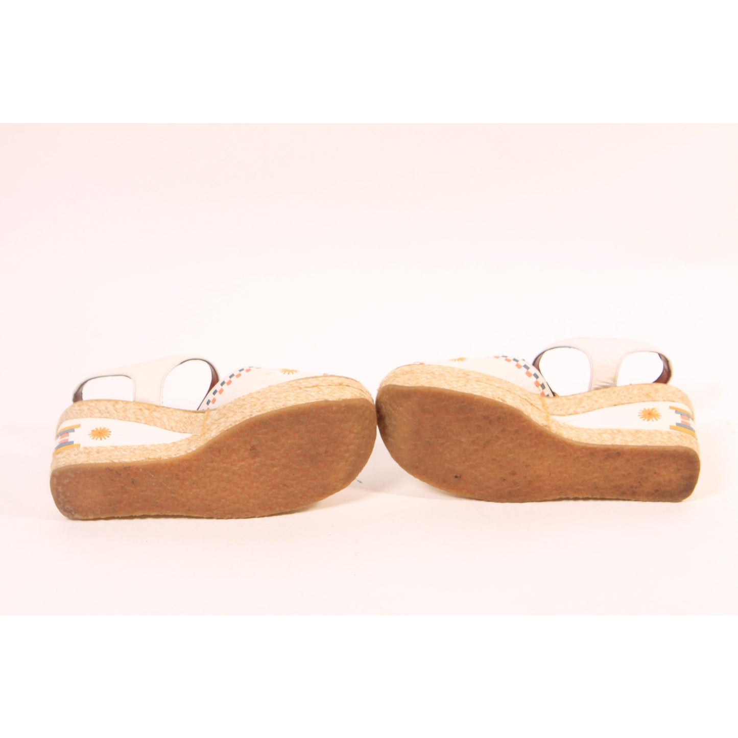 1970s White, Blue, Tan and Yellow Boho Platform High Heel Sandals Shoes by Nina-Size 7 1/2M