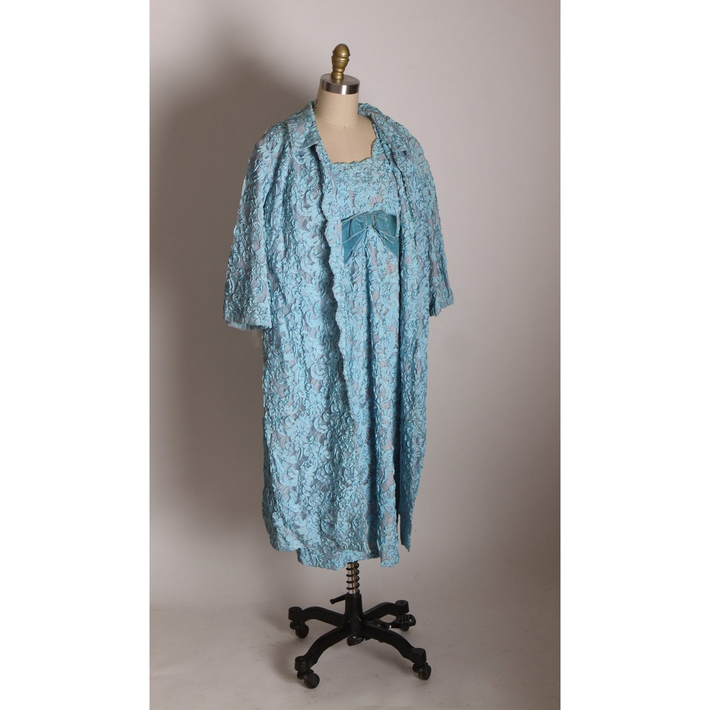Early 1960s Blue Soutache Lace Short Sleeve Formal Blue Velvet Bow Dress with Matching 3/4 Length Sleeve Jacket -XL