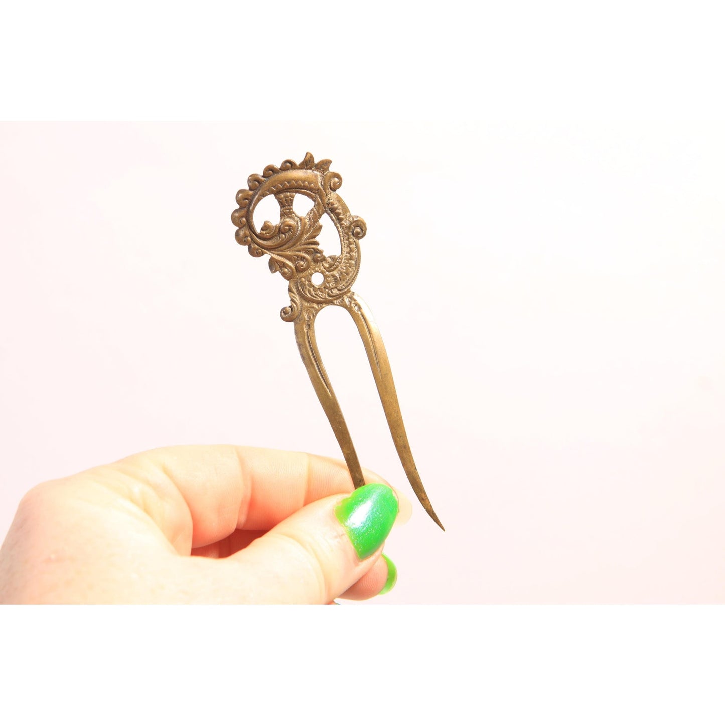 1910s 1920s Swirl Brass Tone Metal Prong Hair Fork Comb