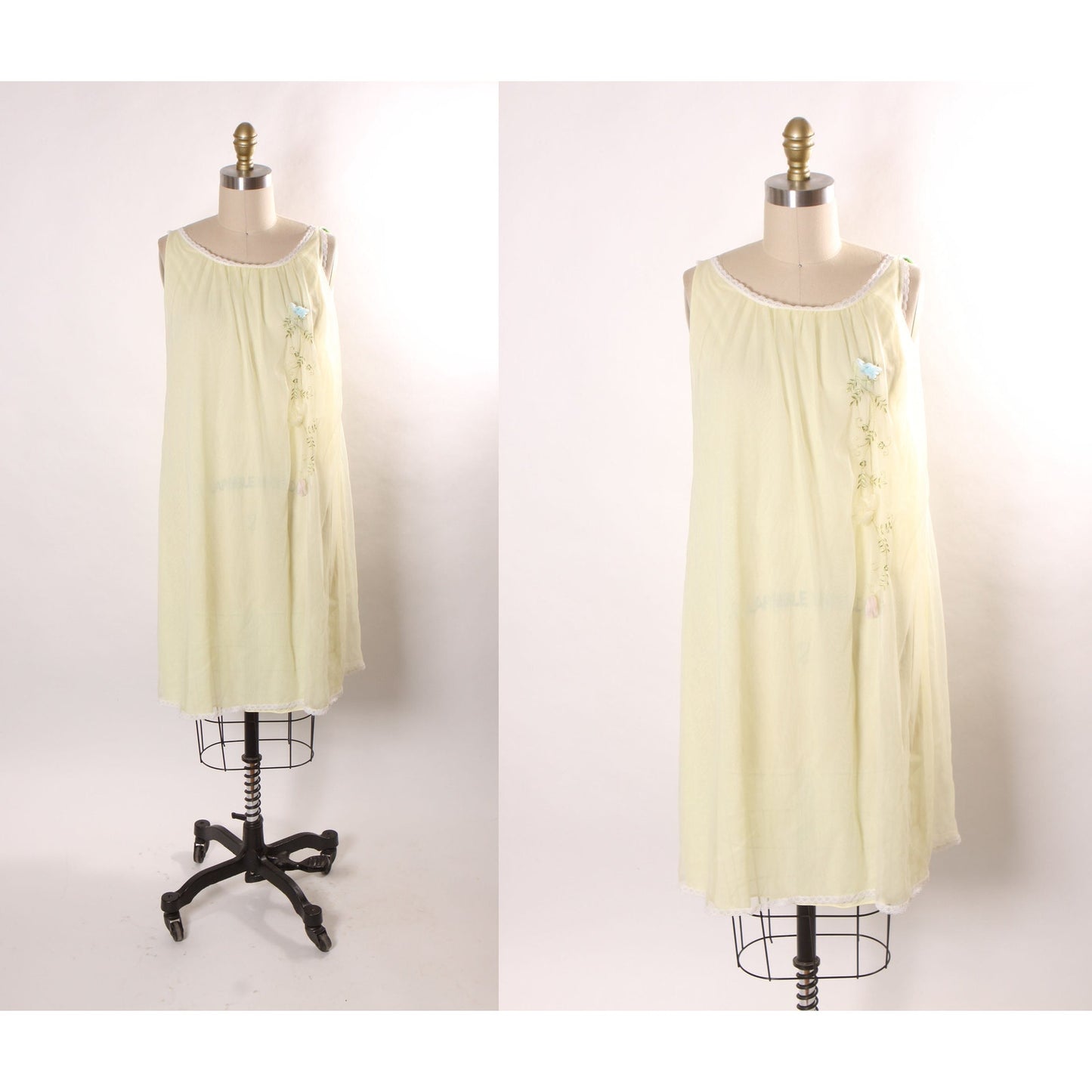 1950s 1960s Yellow, Green and Blue 3D Flower Floral Nylon Lingerie Night Gown by Nan Flower -L