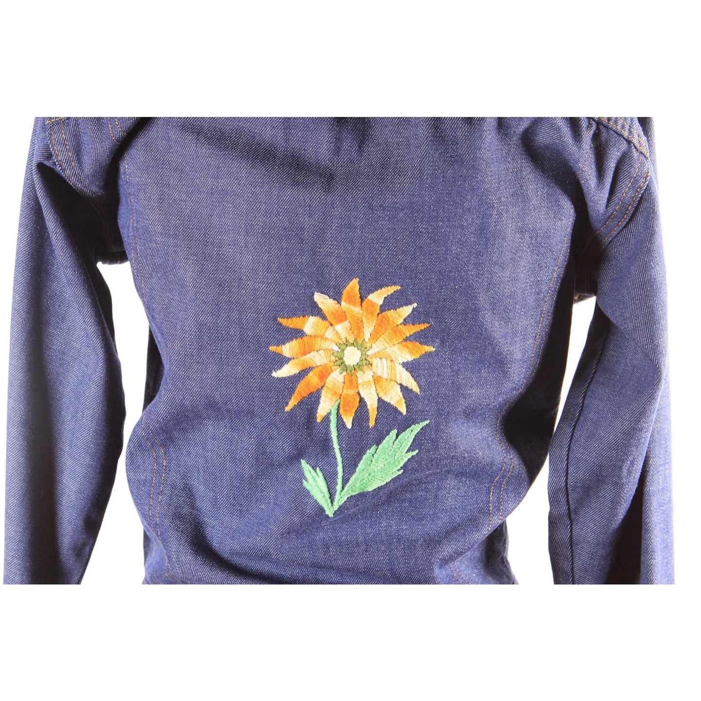 1970s Blue Denim Novelty Embroidered Floral Flowers Sunflowers and Strawberry Cropped Denim Jacket by Levi's -M