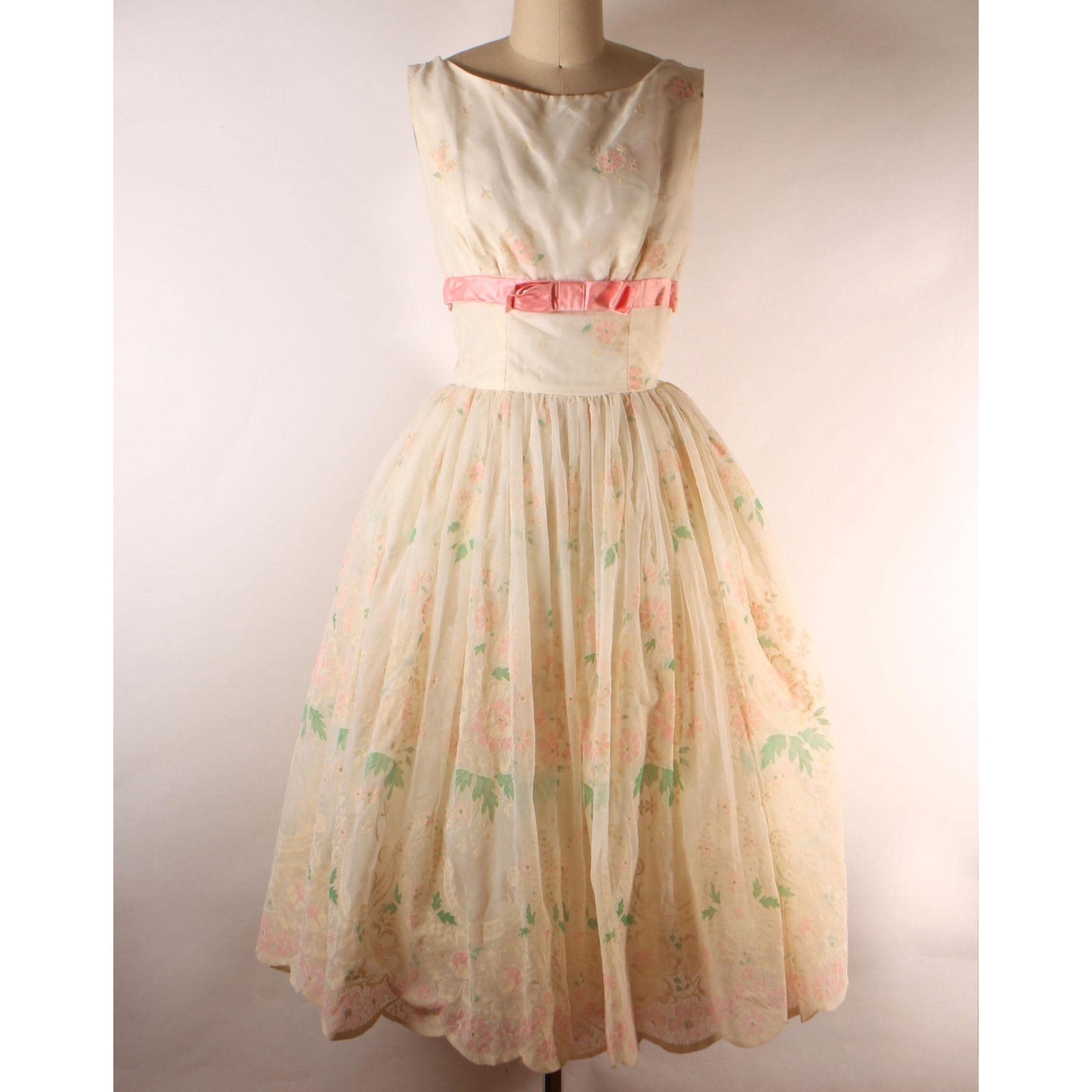 1950s Cream, Pink and Green Velvet Flocked Floral Pink Bow Detail Sleeveless Dress