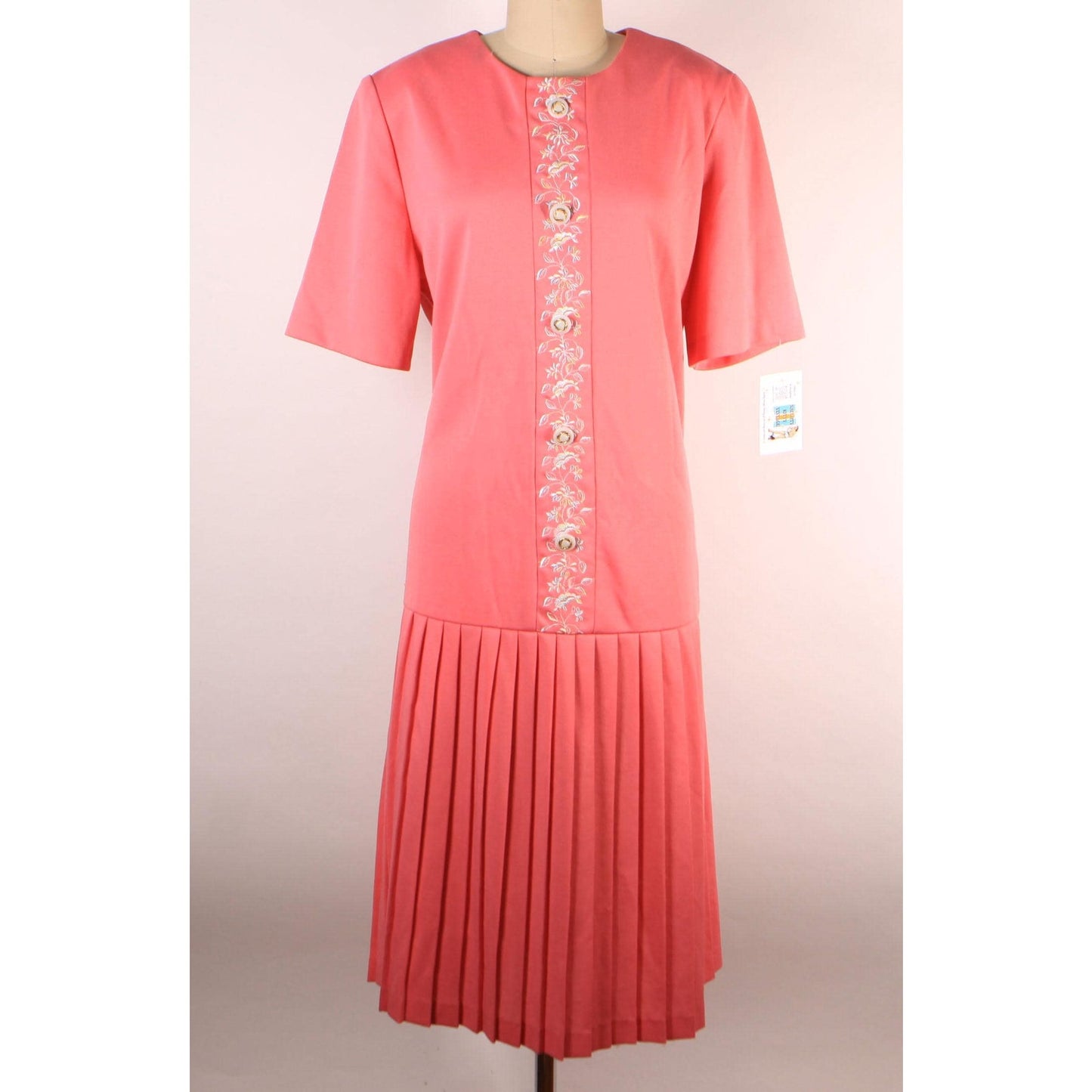 1960s Pink Short Sleeved Floral Trim Drop Waisted Pleated Skirt Plus Size Volup Scooter Dress -XL