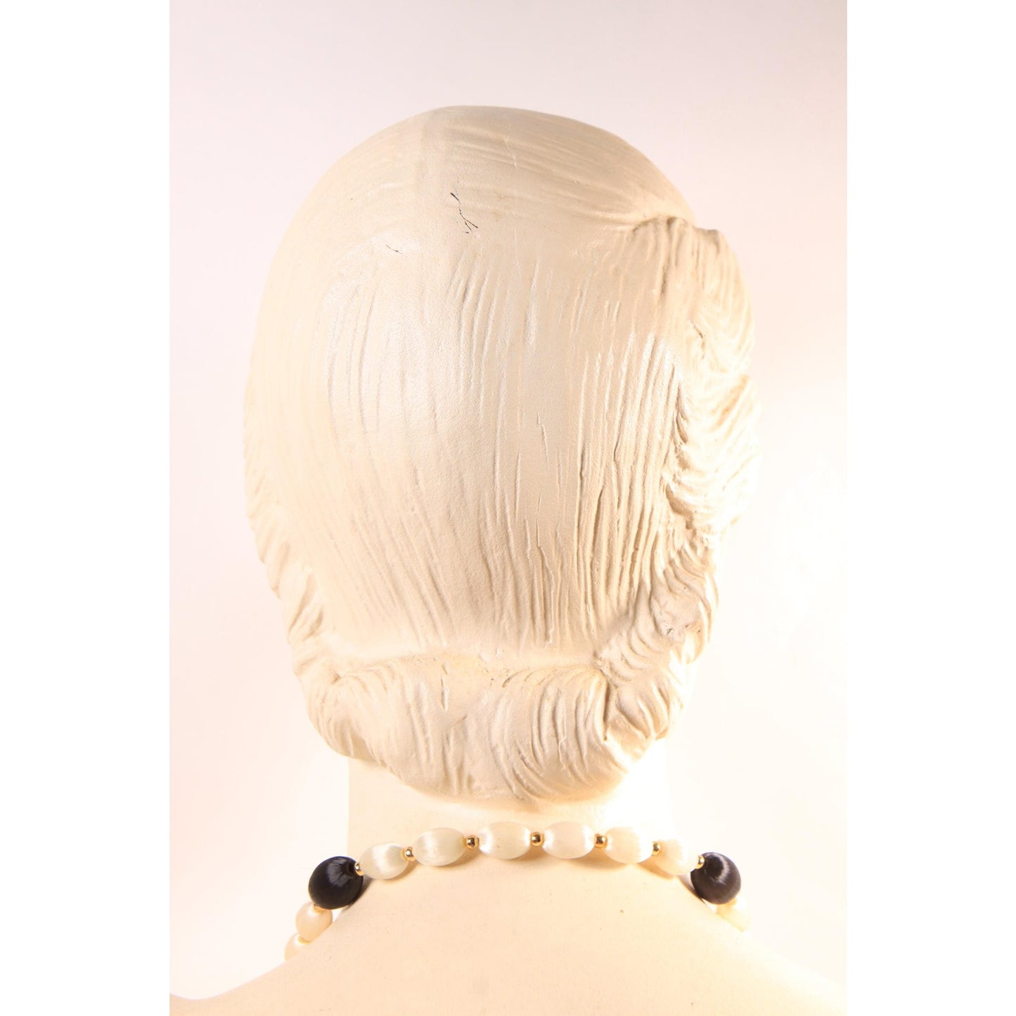 1960s White, Black and Gold Tone Metal Satin Circle Beaded Necklace