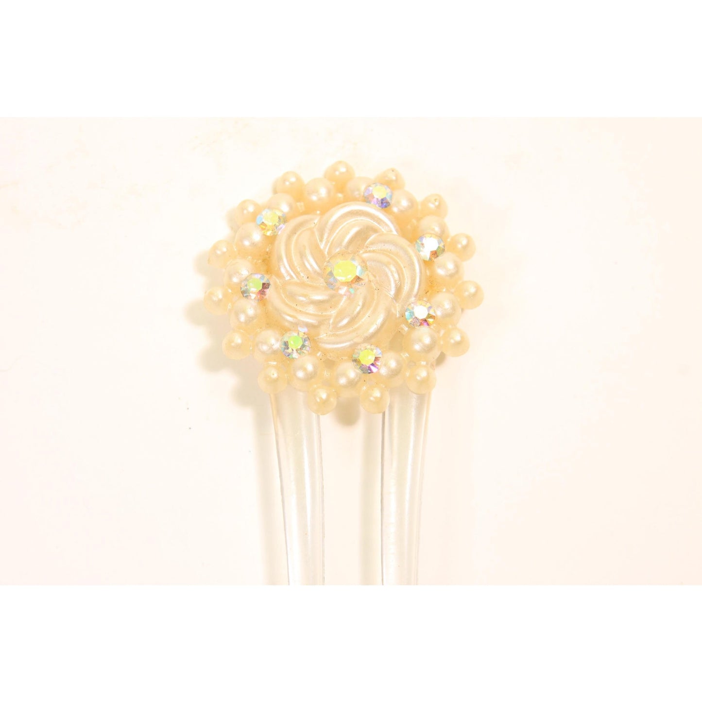 1940s 1950s Cream Rhinestone Floral Circle Hair Comb Fork