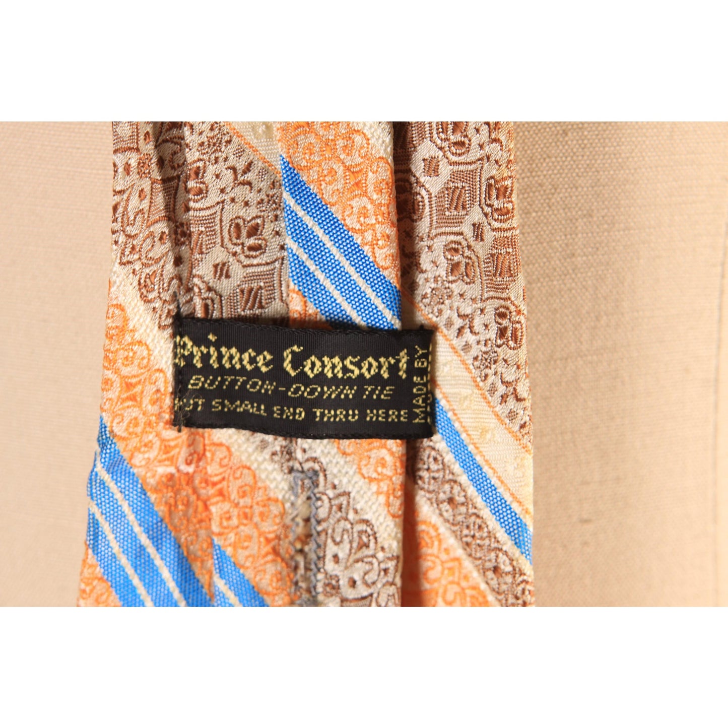 1970s Orange, Cream, Brown and Blue Striped Clip On Tie by Prince Consort