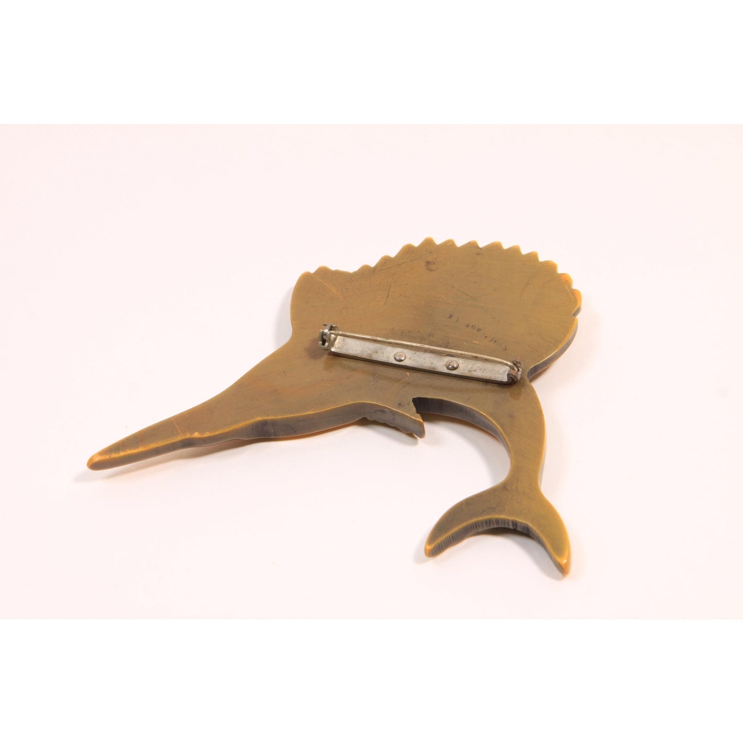 1940s 1950s Novelty Yellow Carved Bakelite Marlin Sailfish Swordfish Brooch