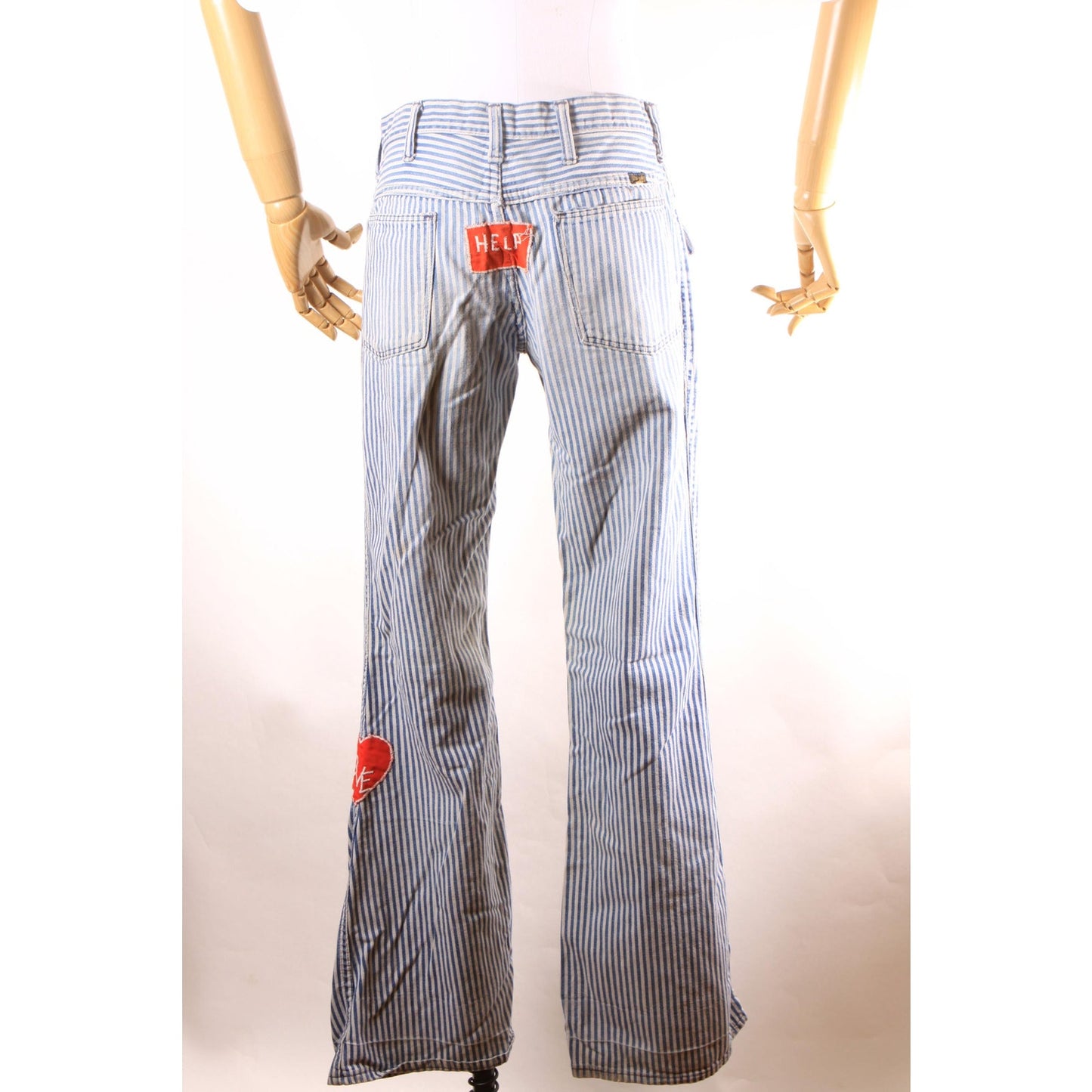 1970s Blue and White Striped Novelty Help and Love Patchwork Patch Railroad Jeans by Wrangler -31x34