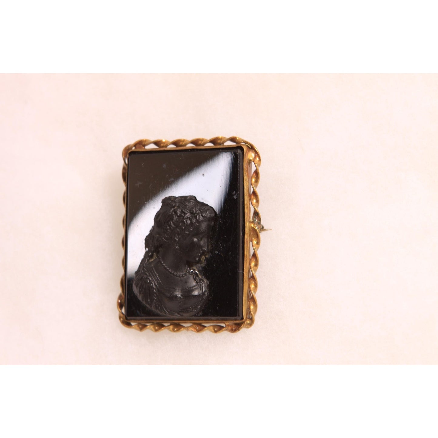 Antique Victorian 1800s Black Glass Cameo Square Gold Tone Metal Cameo Brooch