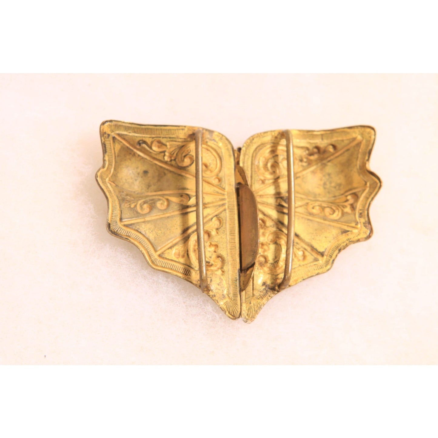 1930s Art Nouveau Gold Tone Metal Purple Stone Gothic Bat Wing Belt Buckle