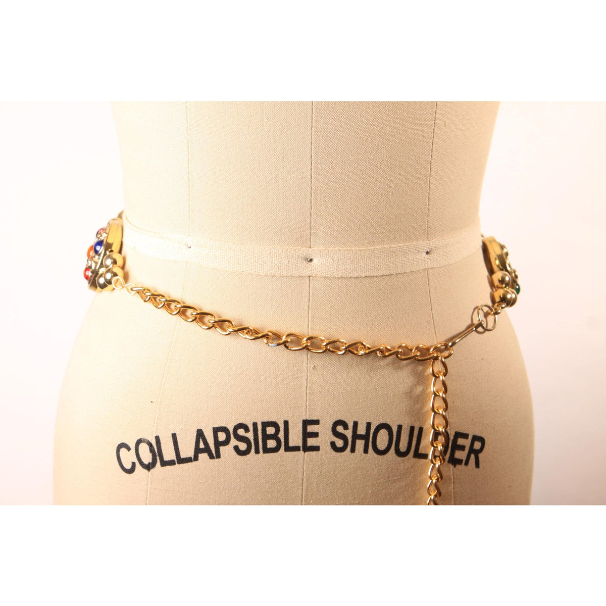 1980s Gold Tone Plastic and Metal Multi-Colored Bedazzled Gemstone Style Chain Belt