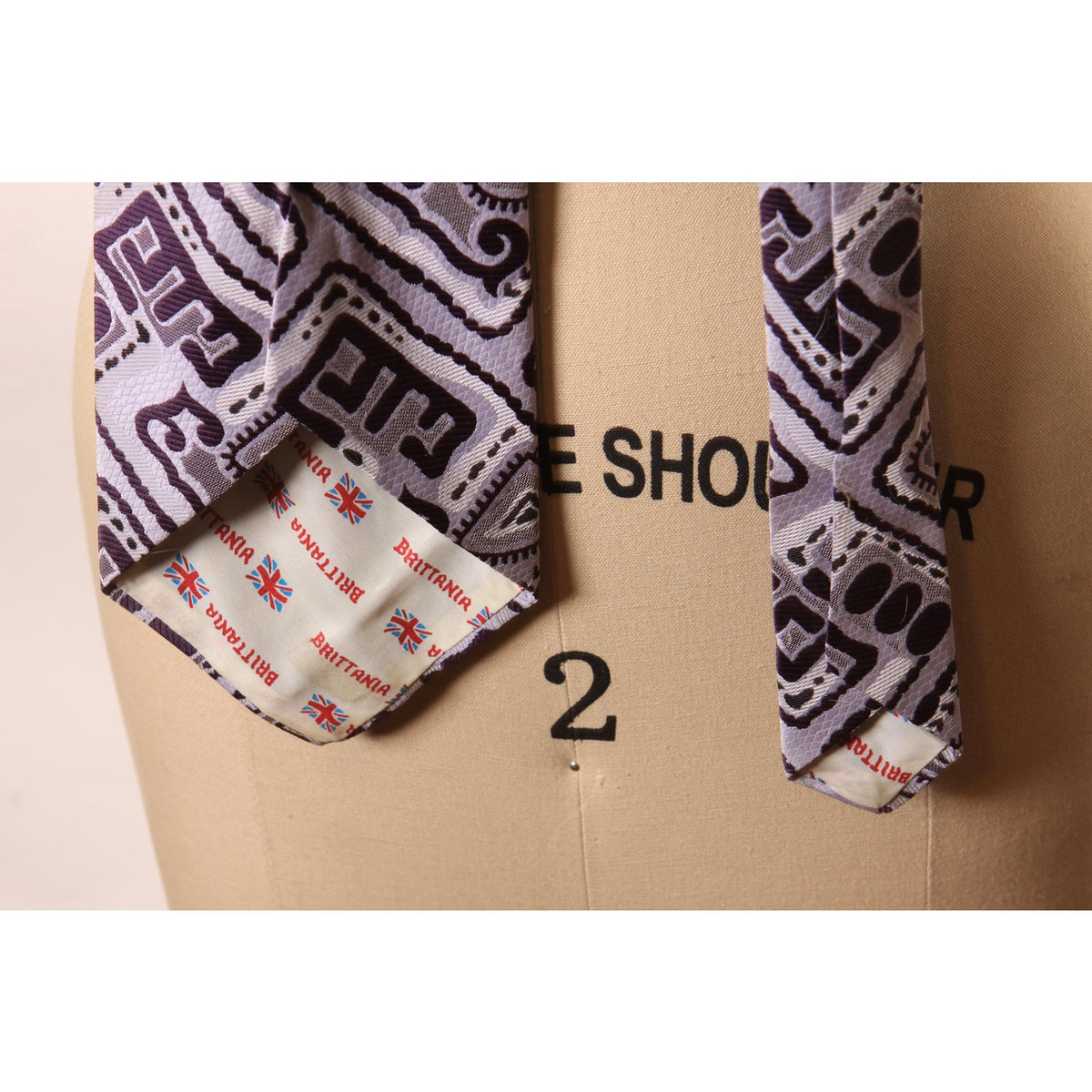 1970a Dark Plum Purple and Gray Abstract Patterned Wide Necktie Tie by Brittania