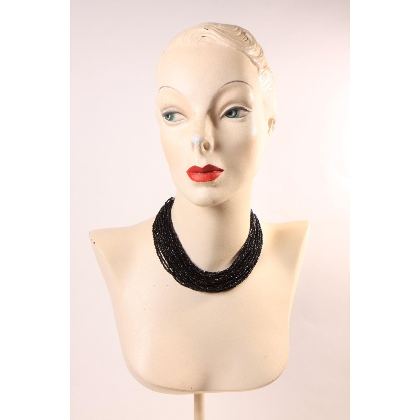 1950s 1960s Black Multi-Strand Beaded Draped Necklace by Laguna