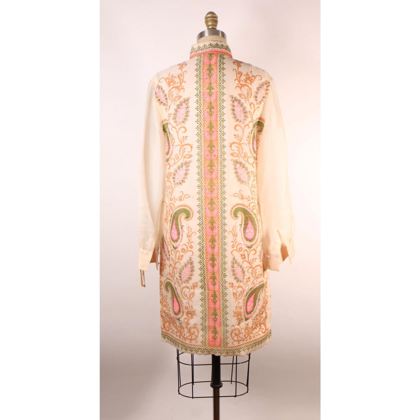 1960s Pale Beige Pink and Green Swirl Paisley Print Sheer Long Sleeve Hawaiian Dress by Alfred Shaheen -S-M