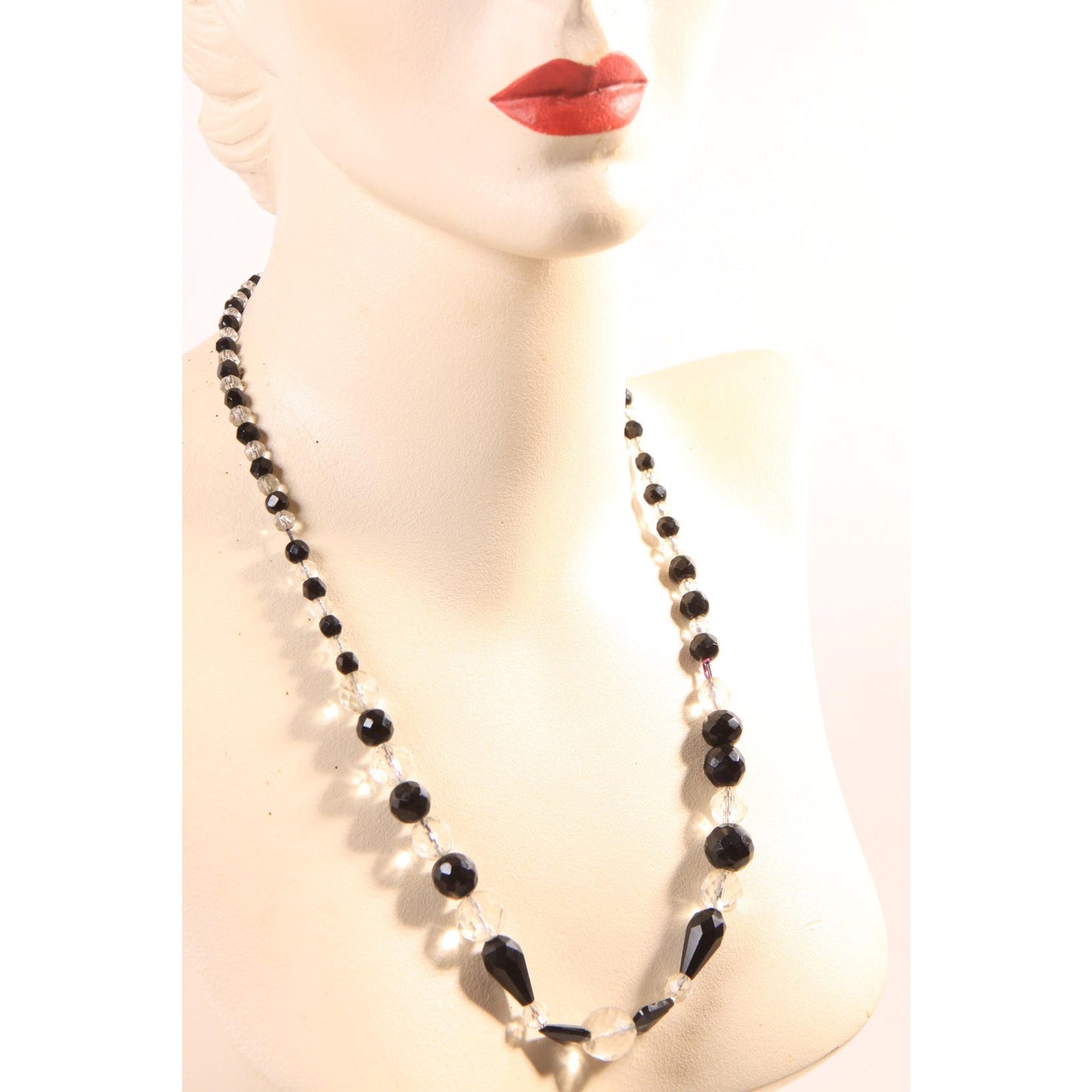 1950s Black and Clear Glass Faceted Beaded Necklace