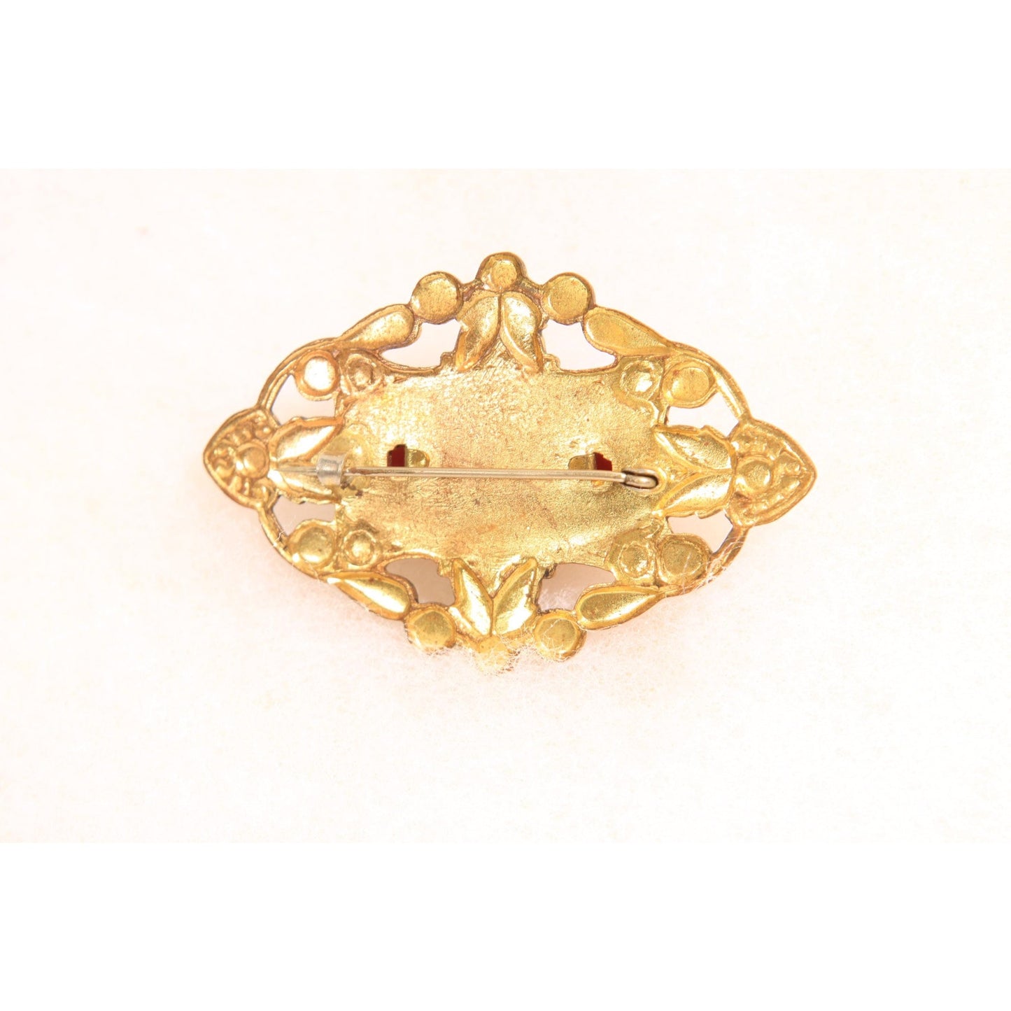 Antique 1900s 1910s Edwardian Gold Brass Tone Metal and Orange Red Brooch