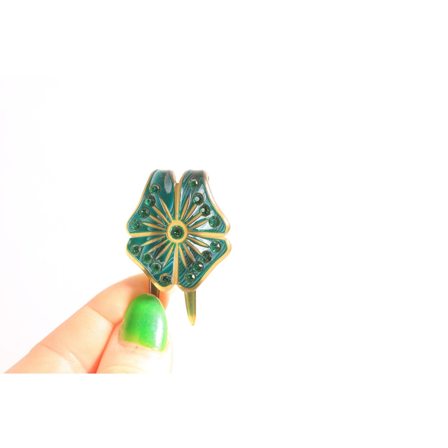 1930s Green Flower Floral Rhinestone Prong Hair Fork Comb