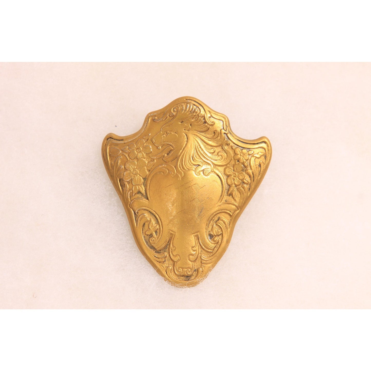 Antique 1800s Victorian Gold Tone Metal Lion Shield Initial Brooch
