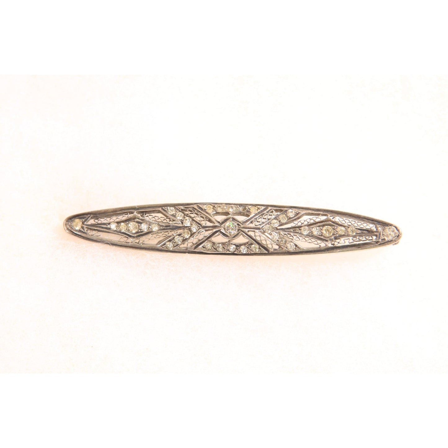 Antique 1920s Silver Tone Metal Marcasite Oval Bar Brooch