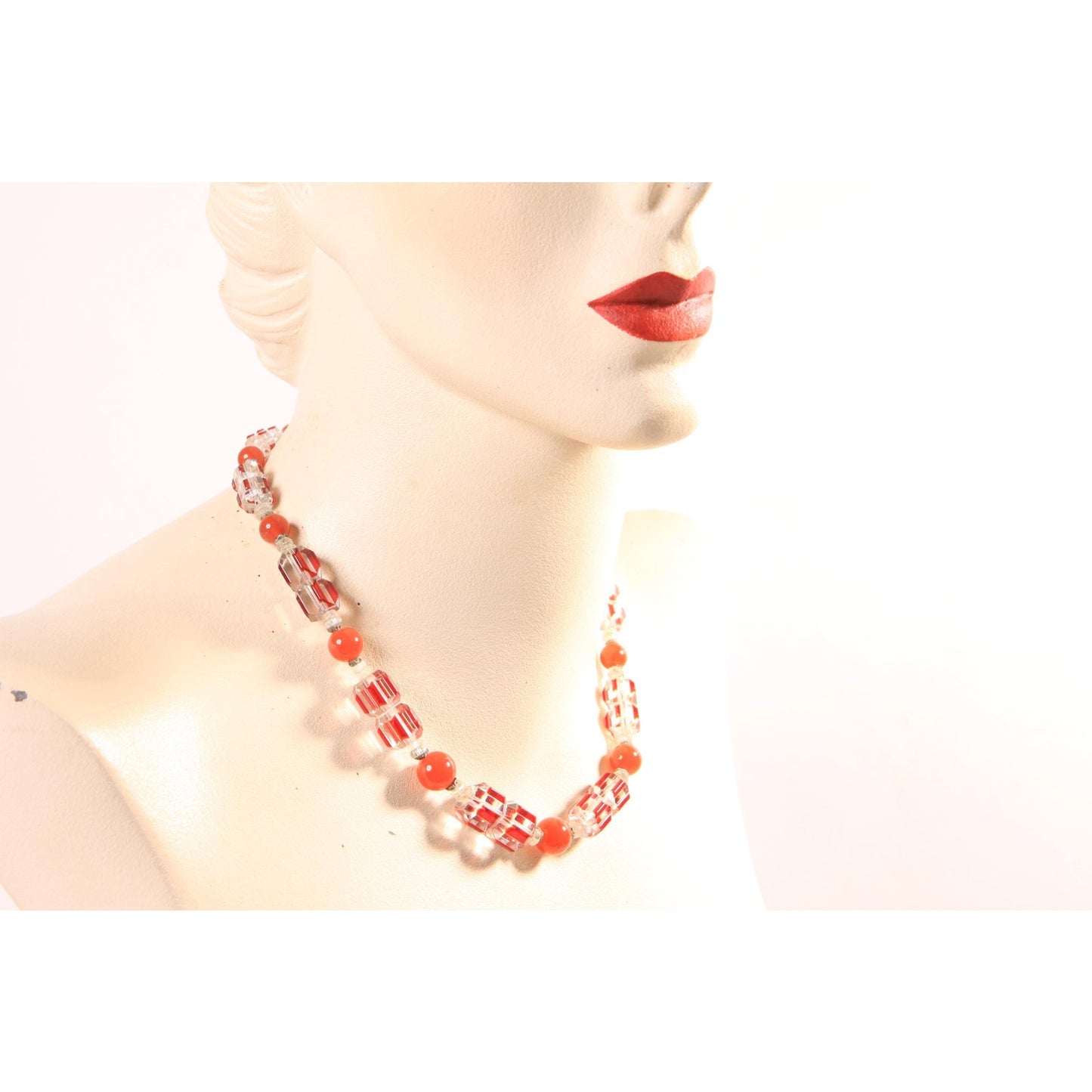 Vintage Clear, Orange and Red Faceted Glass Beaded Necklace