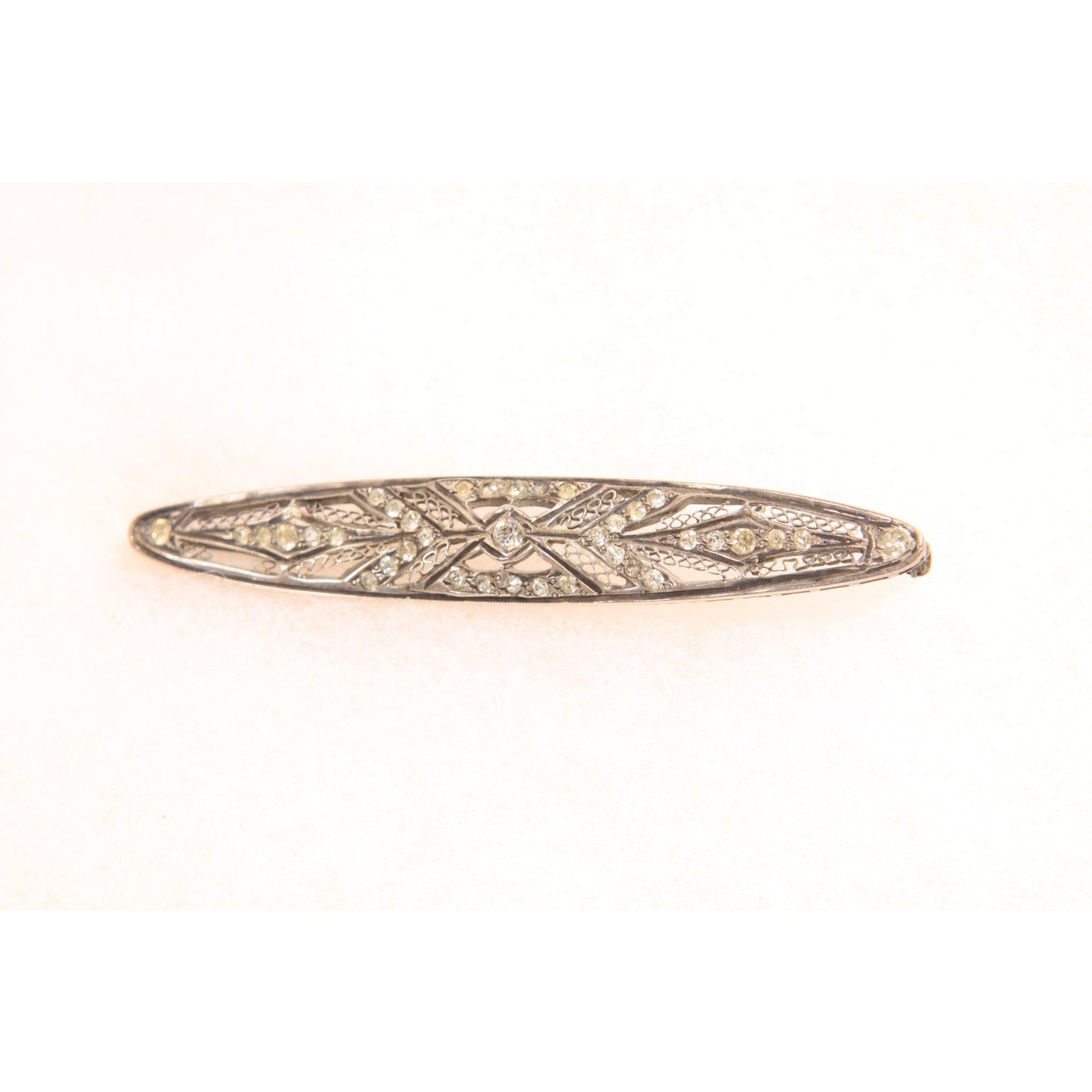 Antique 1920s Silver Tone Metal Marcasite Oval Bar Brooch