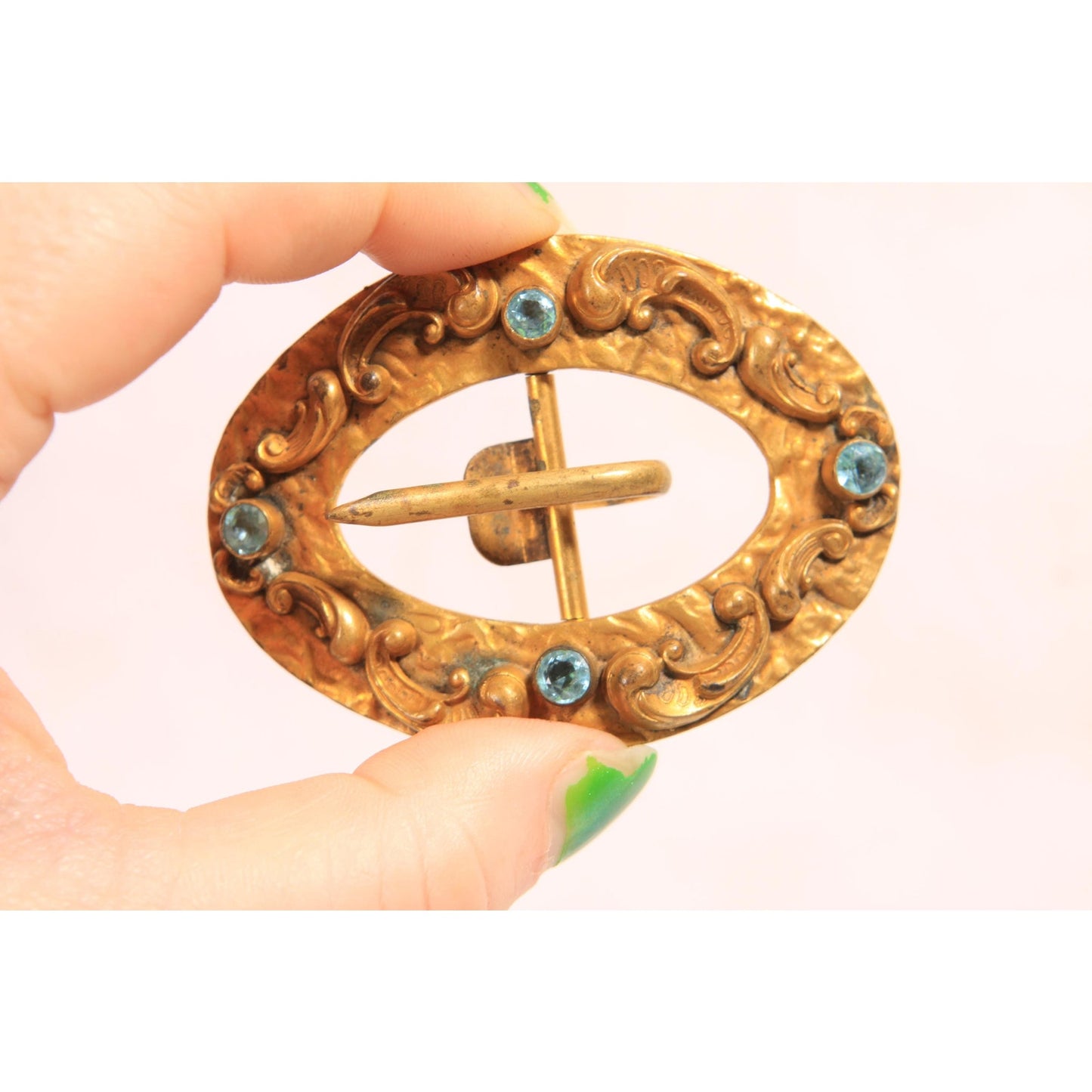 Antique 1900s Edwardian Gold Tone Metal and Blue Stone Art Nouveau Belt Buckle