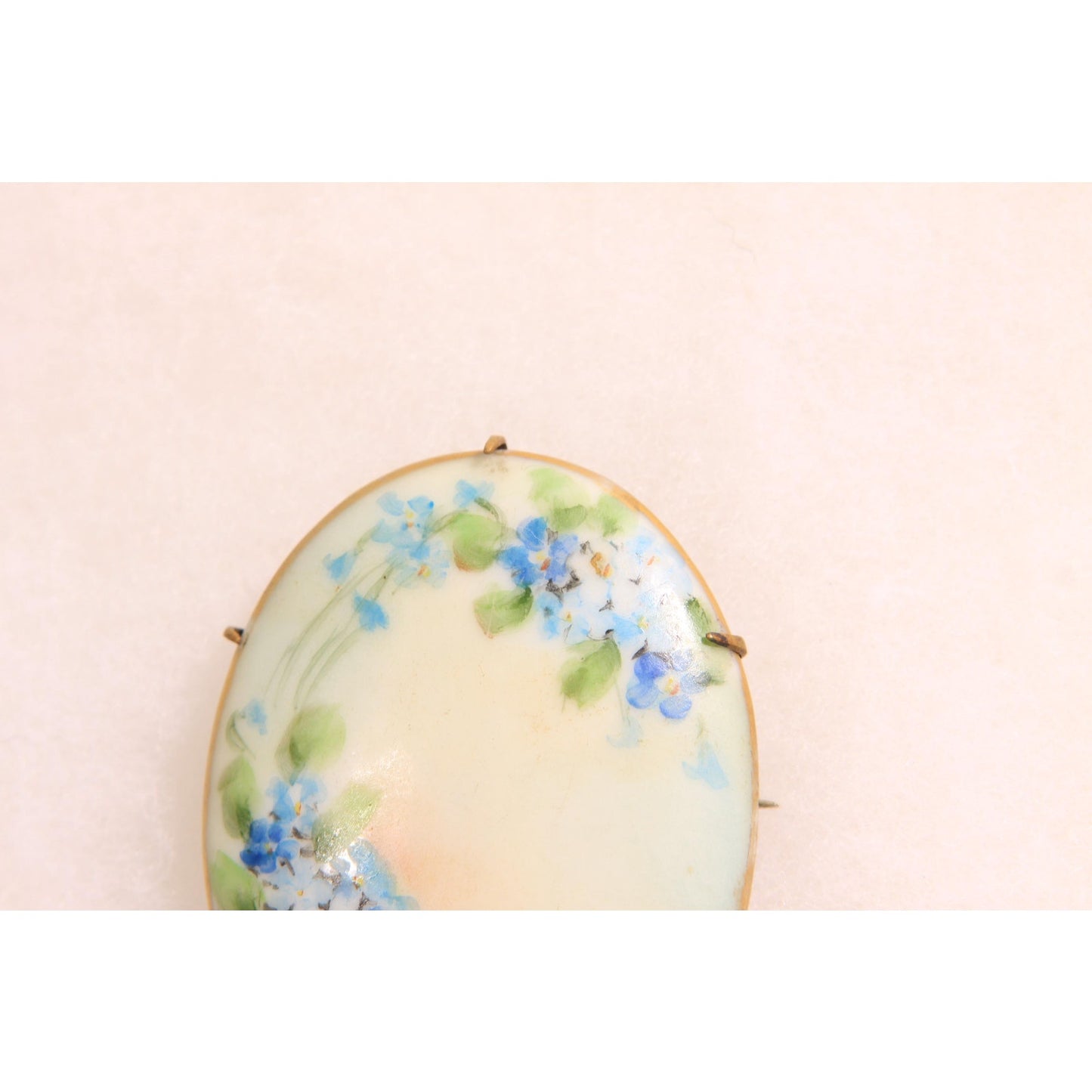 Antique Victorian 1800s Cream, Blue and Green Floral Hand Painted Porcelain Brooch