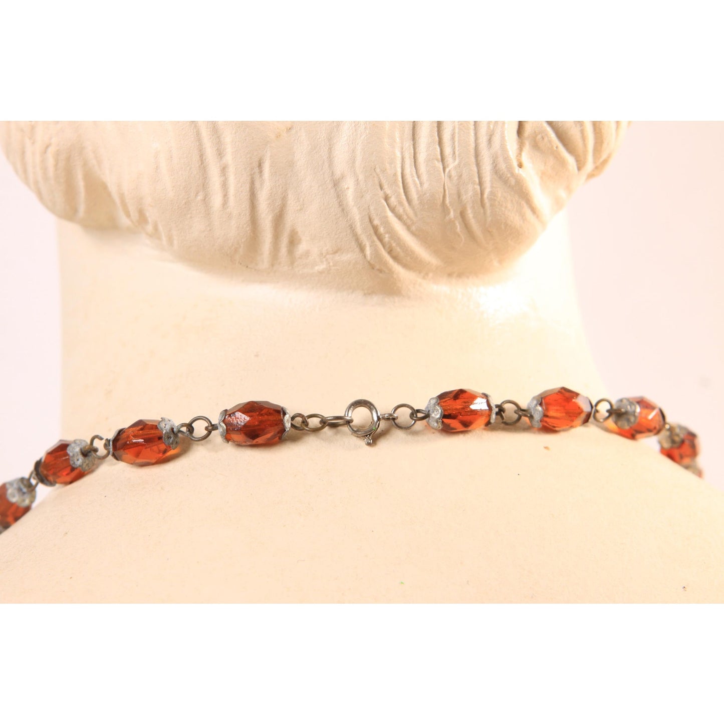 1940s 1950s Brass Tone Amber Glass Beaded Faceted Necklace