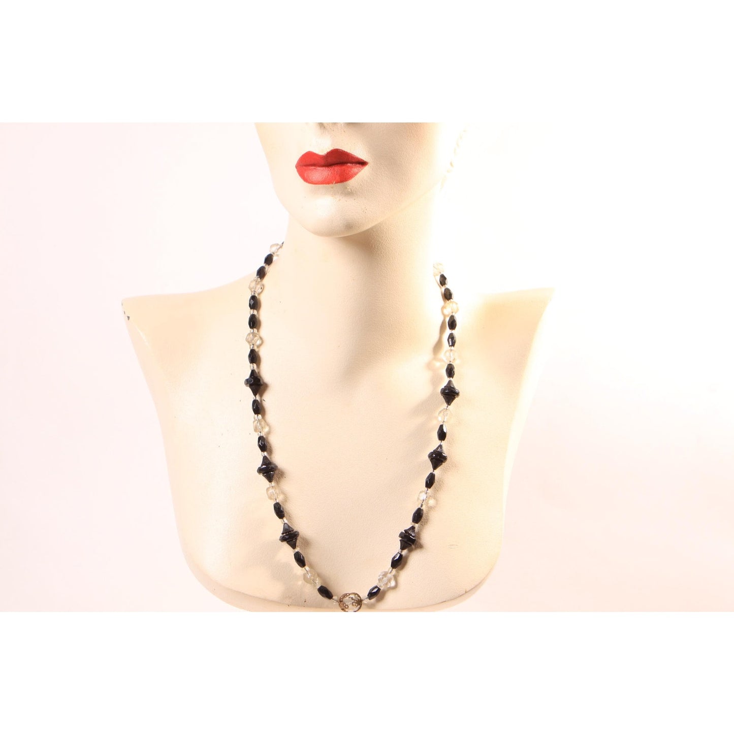 1940s 1950s Black and Clear Glass Faceted Beaded Necklace