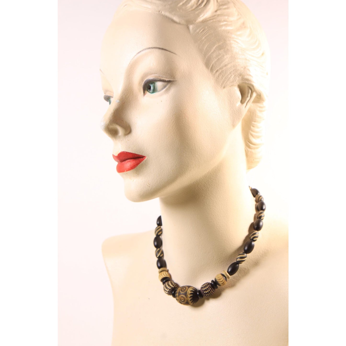 1920s 1930s Black and Cream Carved French Galalith Beaded Art Deco Necklace