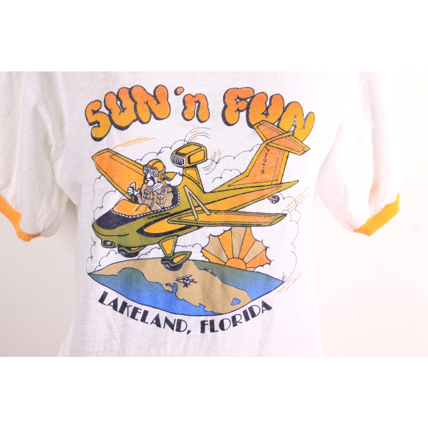 Late 1970s Early 1980s White and Yellow Flying Plane Sun N Fun Lakeland Florida T-Shirt