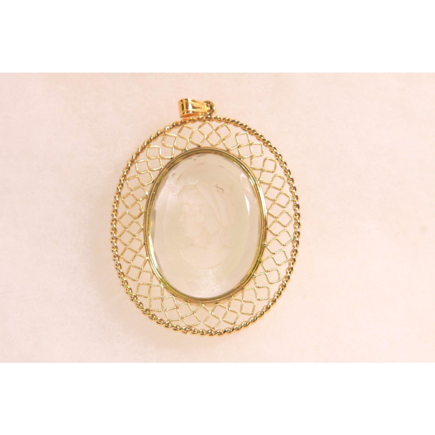 1950s 1960s Gold Tone Metal and Clear Glass Etched Cameo Necklace Pendant
