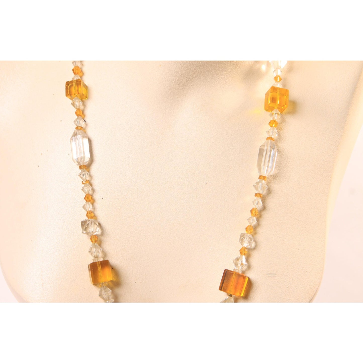 Vintage Clear Glass and Yellow Square and Faceted Beaded Necklace by Made in Czechoslovakia