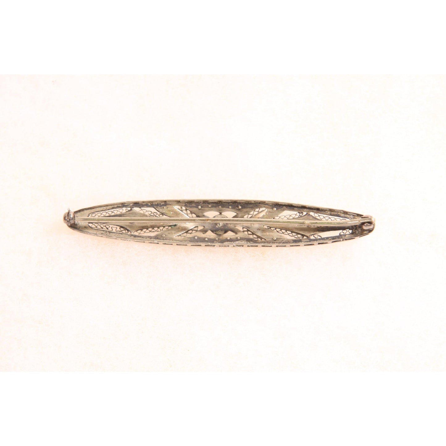 Antique 1920s Silver Tone Metal Marcasite Oval Bar Brooch