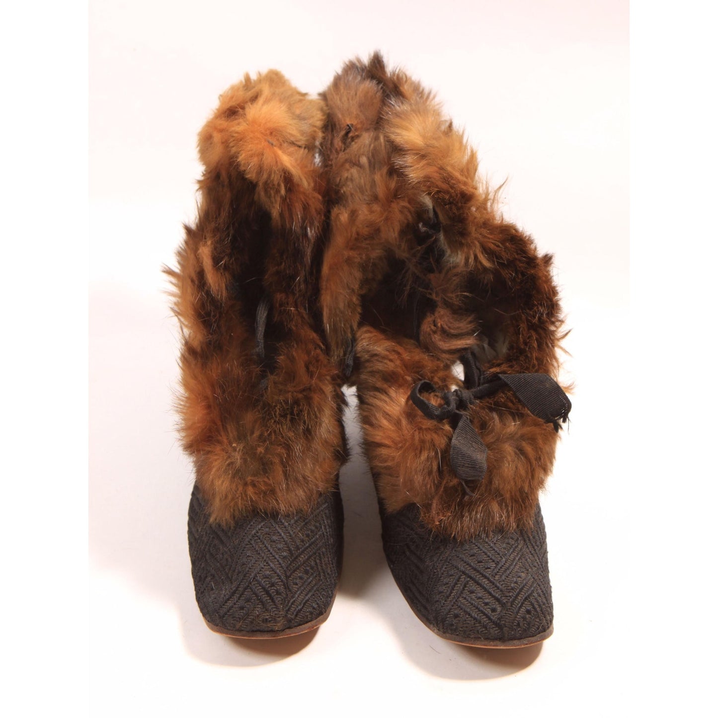 Antique 1800s Victorian Black and Brown Fur Lined and Fur Trim Lace Up Carriage Slipper Boots