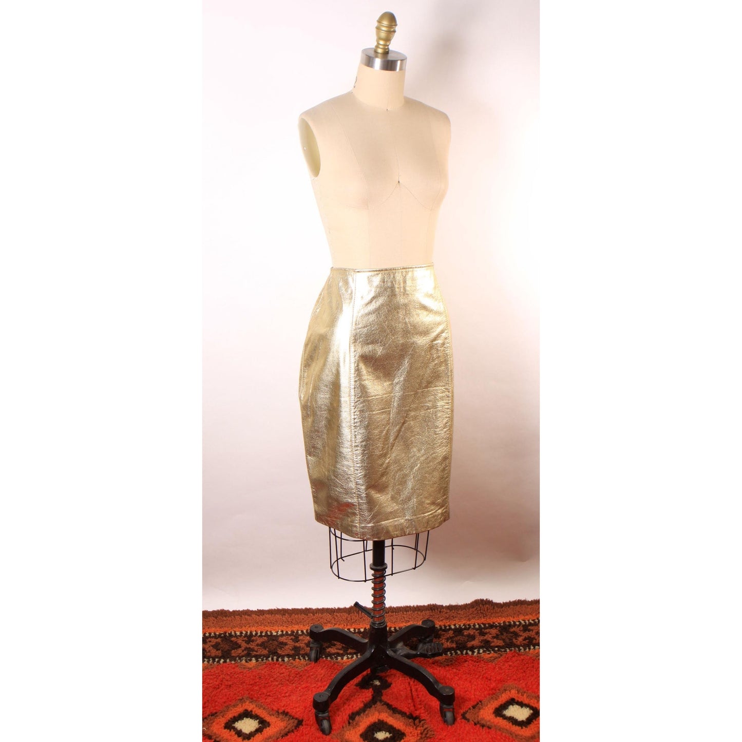 Deadstock 1980s Gold Metallic Leather Pencil Skirt -Size 14