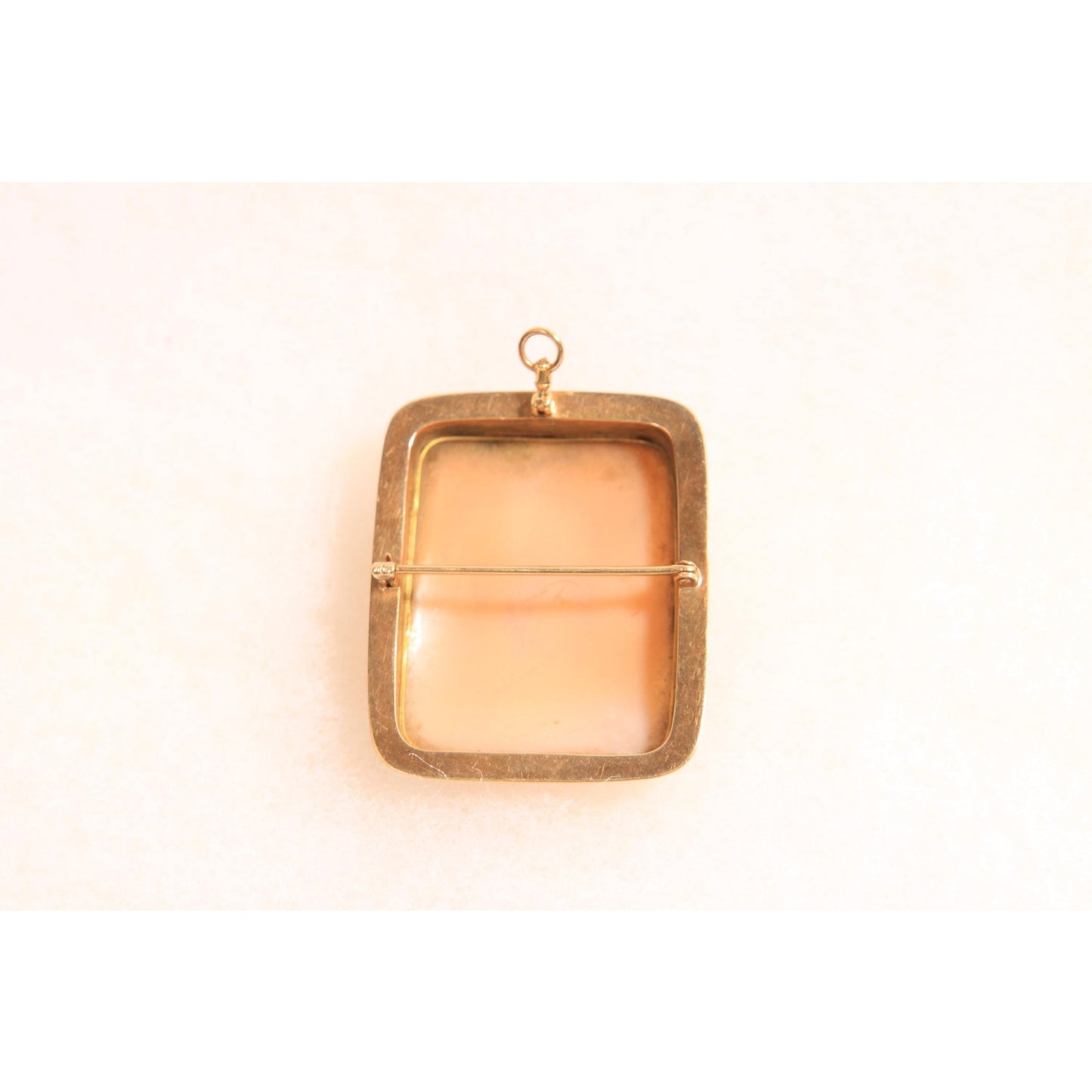 Antique 1900s 1910s 1920s Peach Pink, Cream and Gold Tone Metal Carved Shell Brooch Pendant