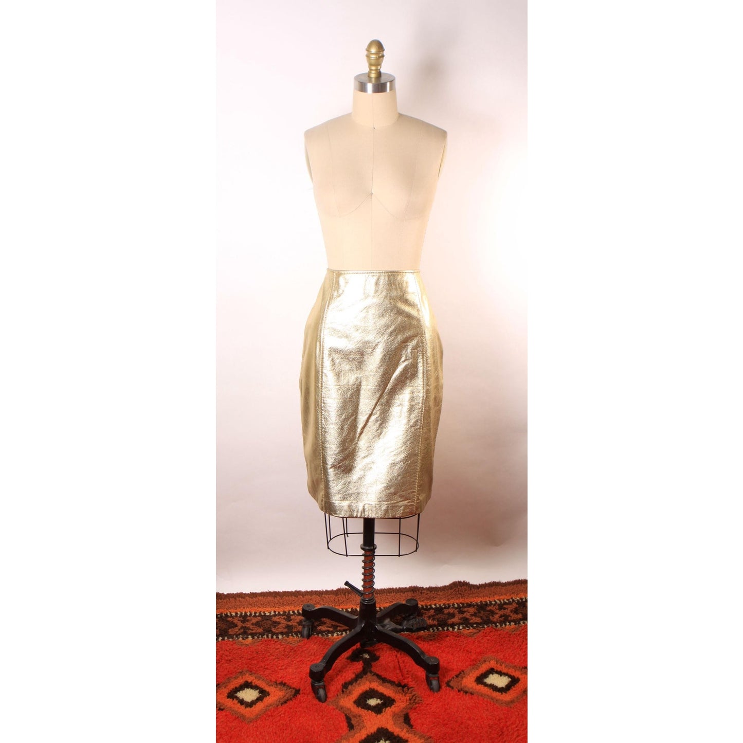Deadstock 1980s Gold Metallic Leather Pencil Skirt -Size 14