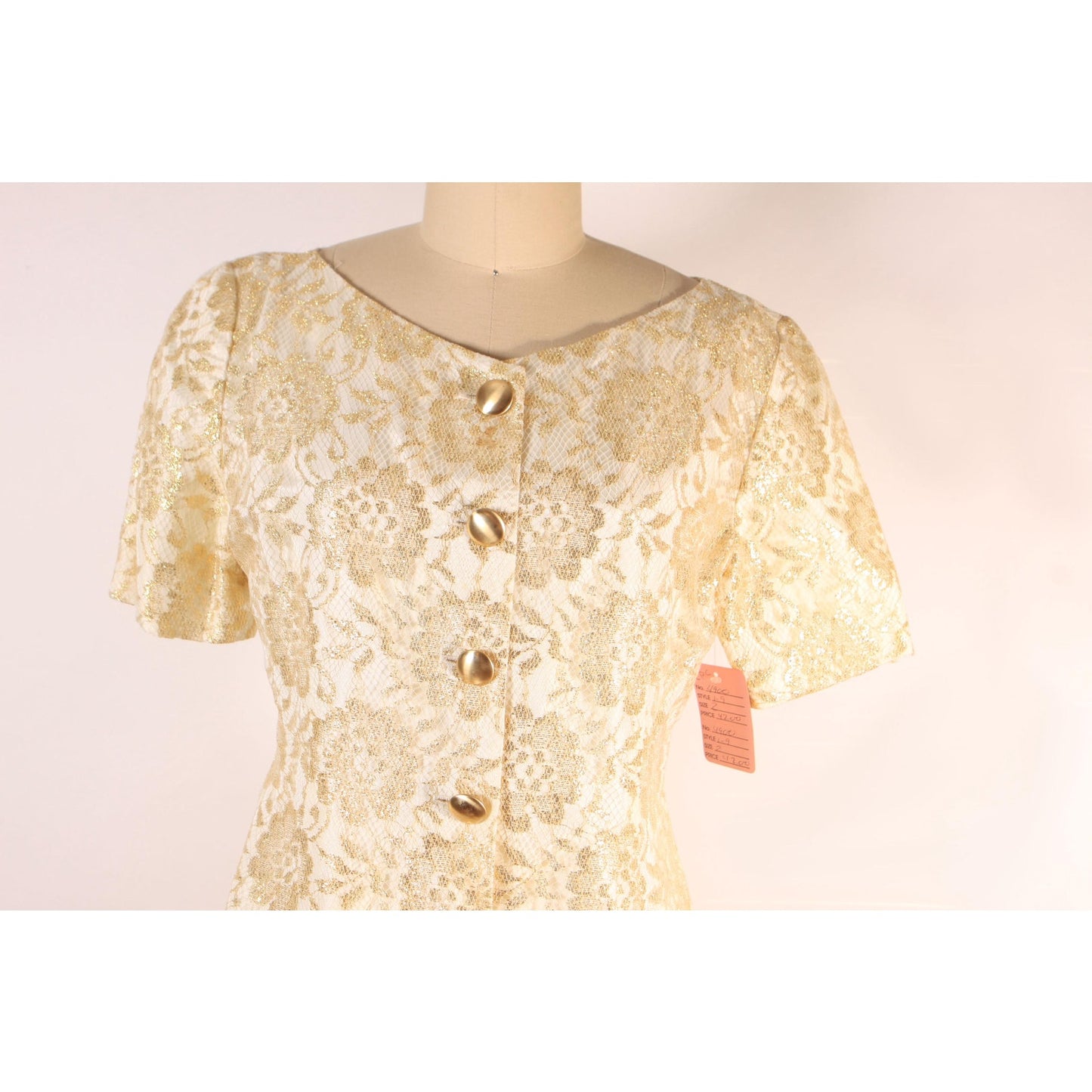 Dead Stock 1980s Gold Metallic Floral Flower Lace Button Down Blouse with Matching Striped Skirt Suit Outfit by Honeybee -XS