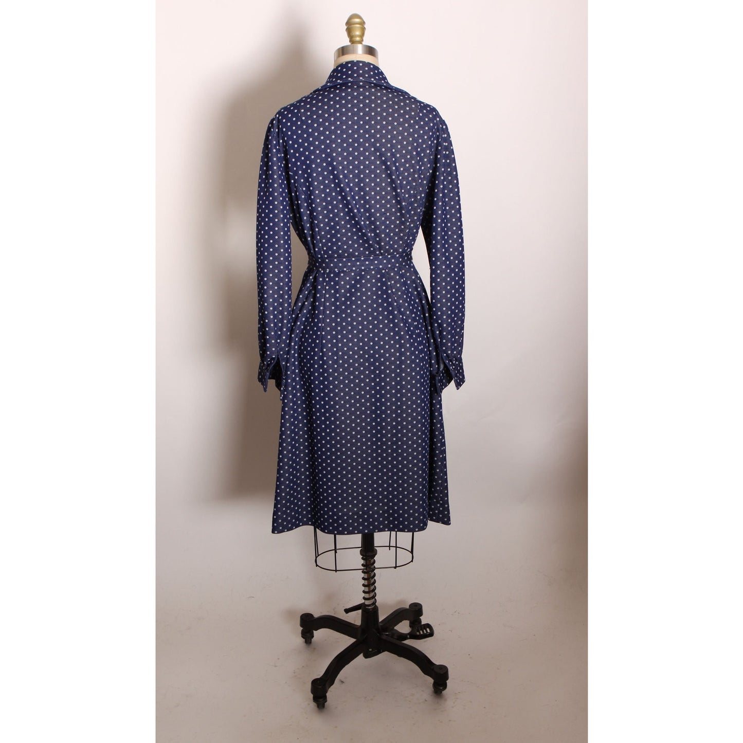 1970s Navy Blue and White Polka Dot Long Sleeve Pocketed Button Up Front Polyester Dress -L