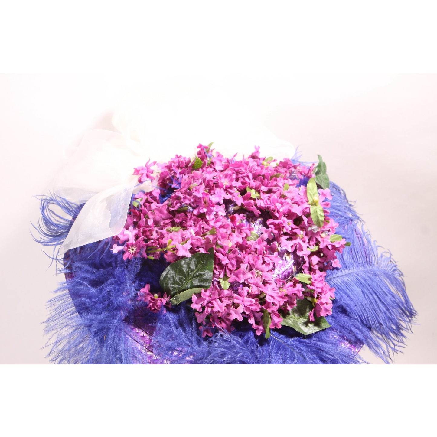 1980s Does Edwardian Victorian Style Wide Brim Purple Straw Hat with Blue Feather and Faux Flowers Floral Hat