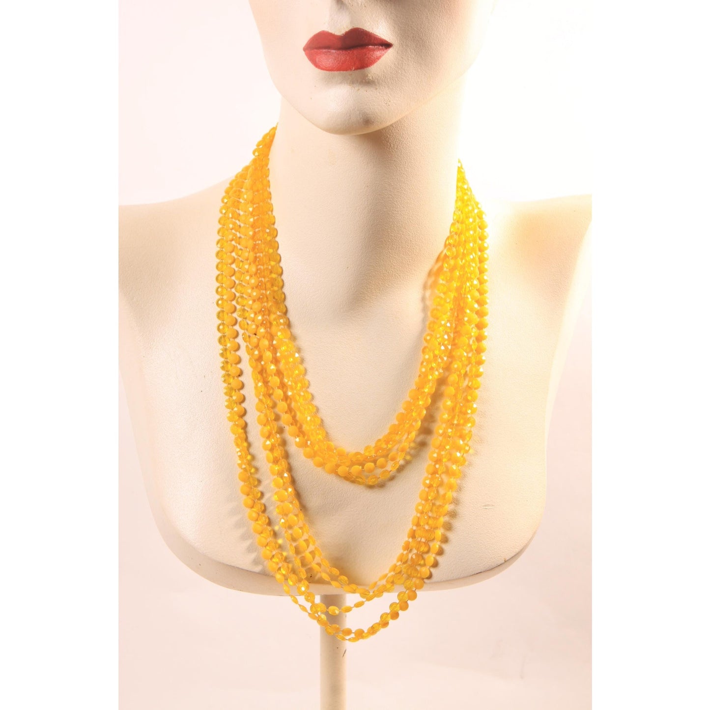 1960s Yellow Floral Flower Shaped Four Strand Plastic Beaded Necklace
