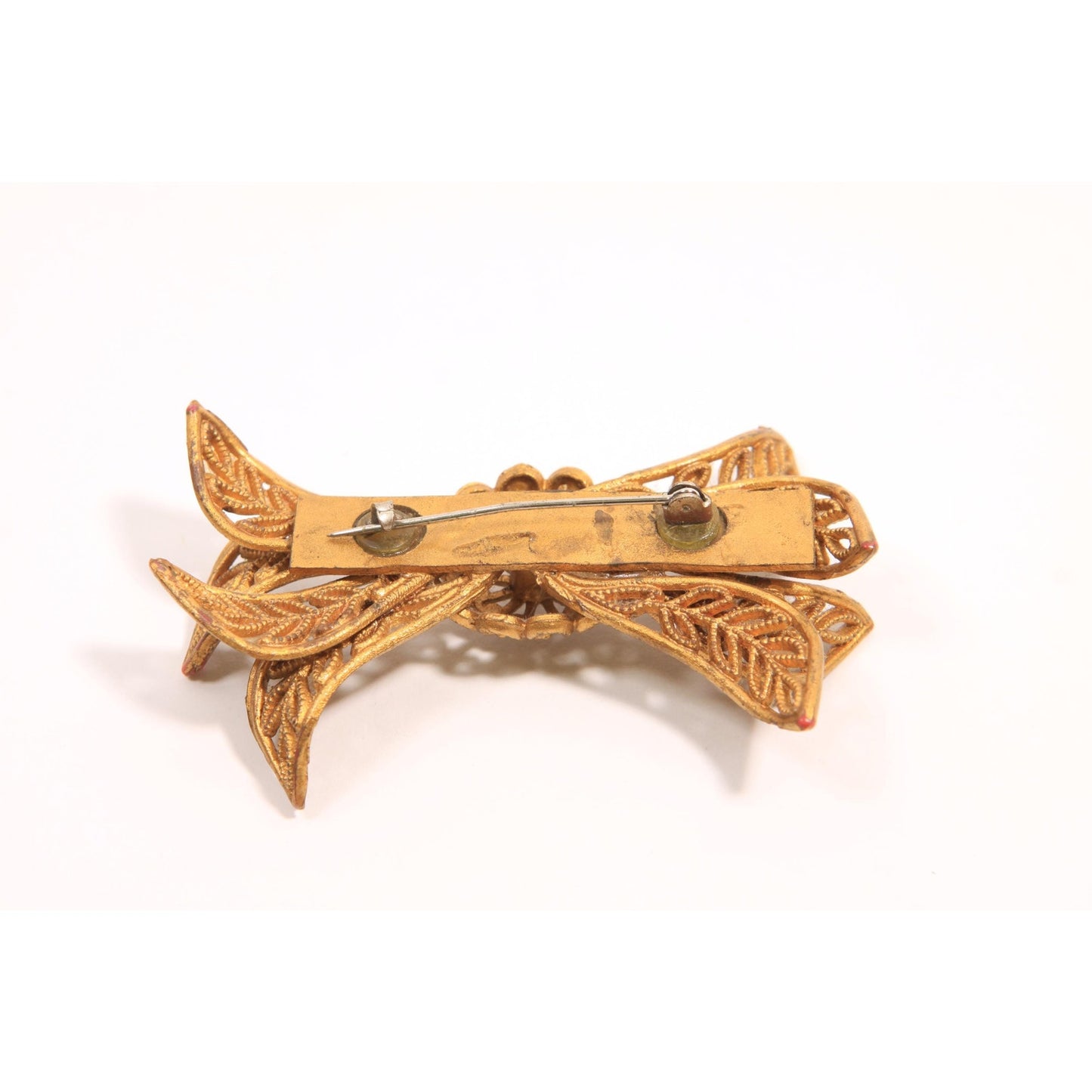 1940s Novelty Gold Tone Plastic Celluloid Bow Brooch