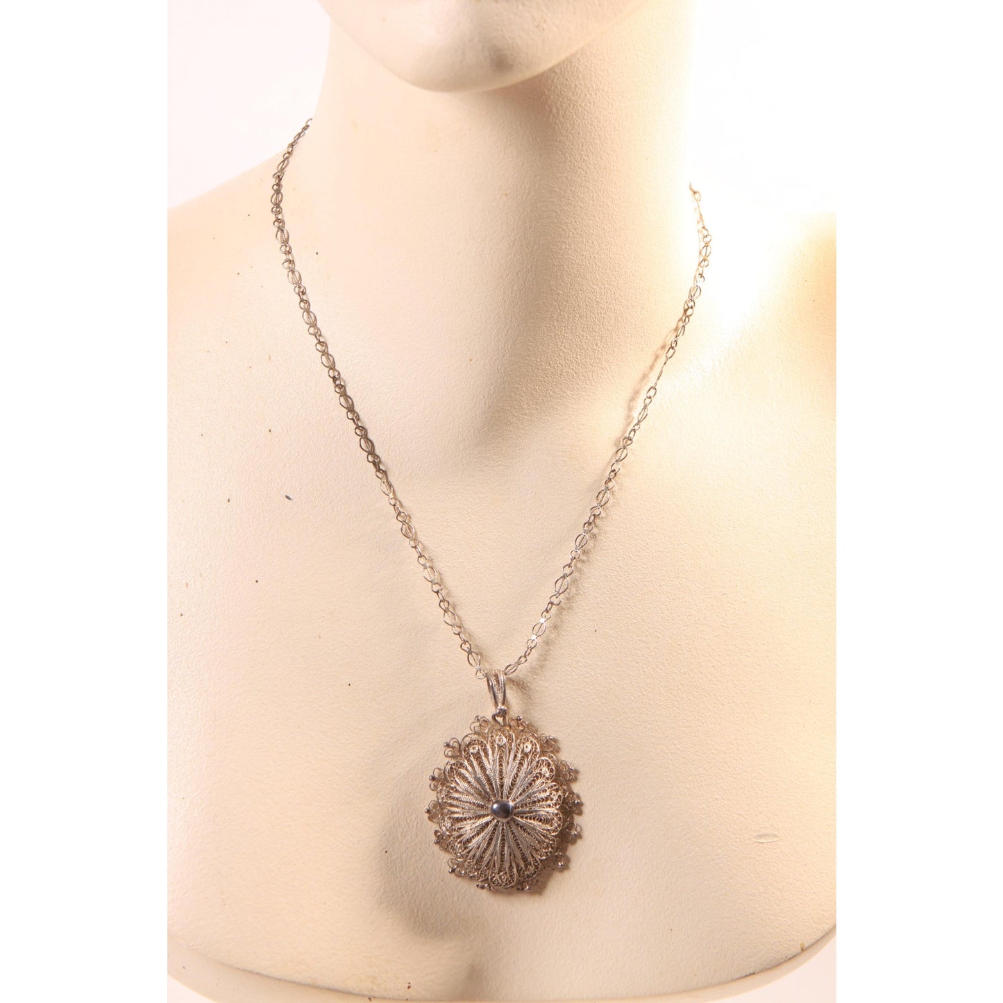 1950s Silver Tone Metal Filigree Indonesian Pendant Necklace
