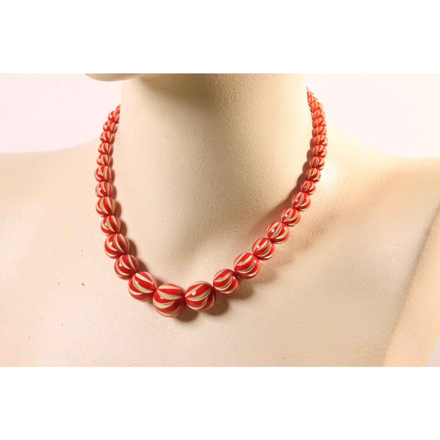 1920s Red and Cream Off White Carved French Galalith Beaded Necklace