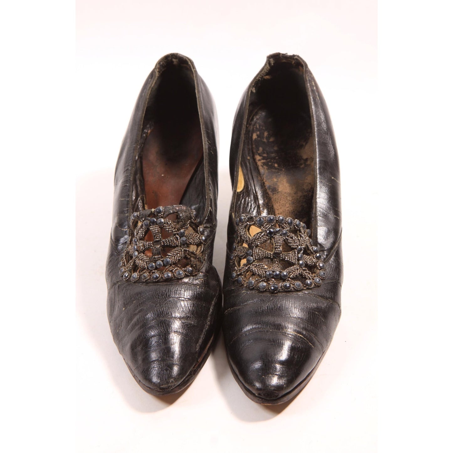 Antique 1920s Flapper Beaded Black Pointed Toe High Heel Pump Shoes