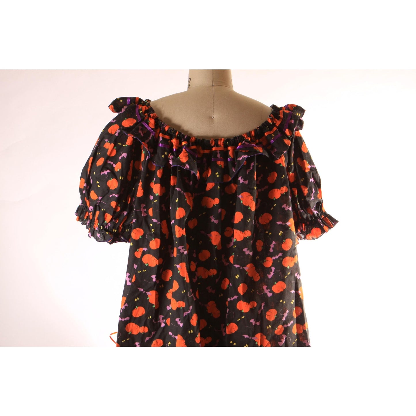 1980s Novelty Halloween Pumpkins and Bats Black, Orange and Purple Short Sleeve Square Dance Blouse