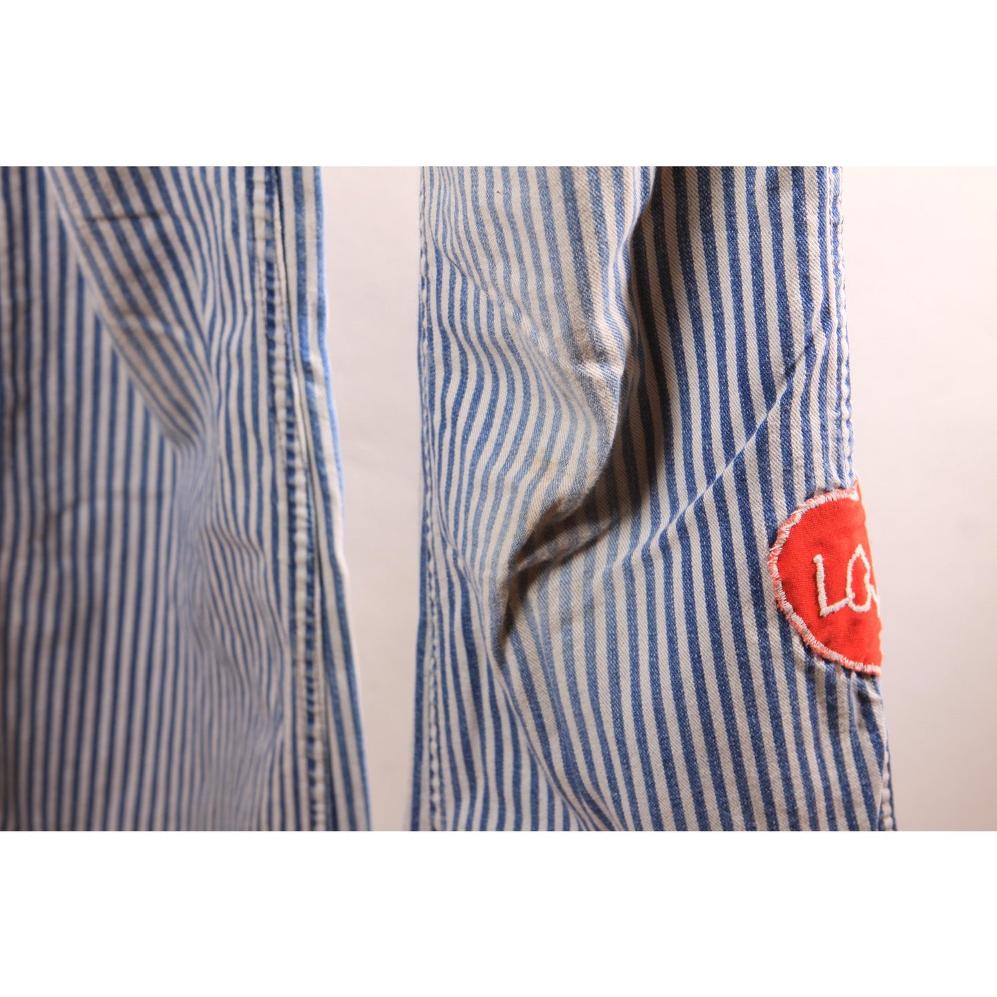 1970s Blue and White Striped Novelty Help and Love Patchwork Patch Railroad Jeans by Wrangler -31x34