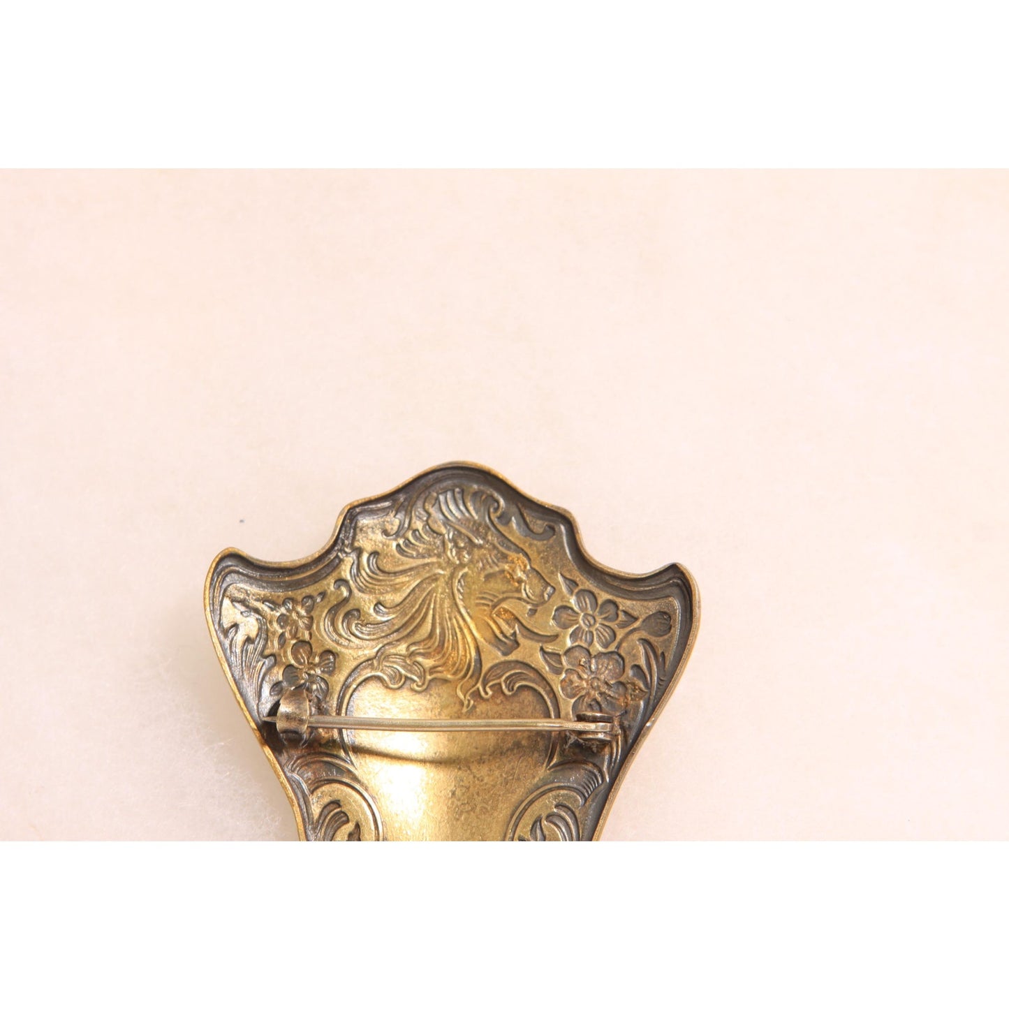 Antique 1800s Victorian Gold Tone Metal Lion Shield Initial Brooch